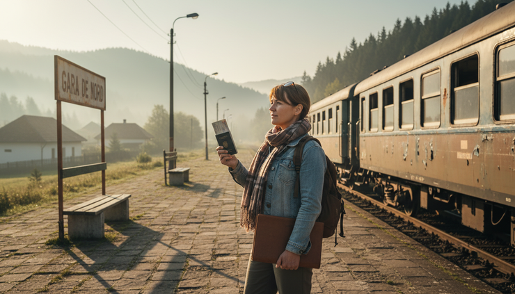 Wide-angle view of a traveller holding a passport near a train platform in Romania