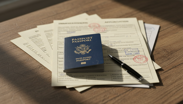 Close-up view of a passport, application forms, and stamped paperwork on a wooden table