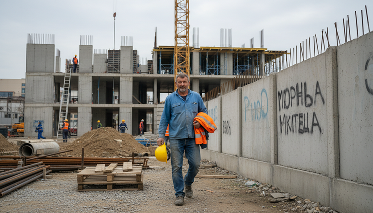 Medium shot view of a worker carrying safety gear near a construction site in Romania