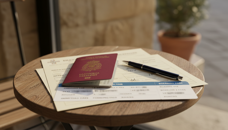 Close-up view of a passport, printed forms, and travel tickets on a small table.