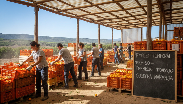 Eye-level view of workers sorting crates in a sunny agricultural packing area in Spain.