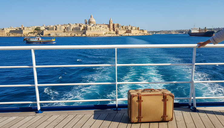 High-angle view of a ferry crossing Malta’s Grand Harbour with a traveller’s suitcase beside the railing