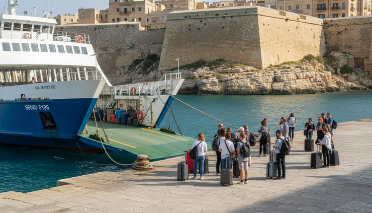 Eye-level view of a ferry arriving near Malta with passengers waiting by the quay.