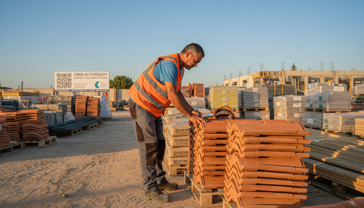 Side view of a construction worker checking building materials at a Spanish residential site.