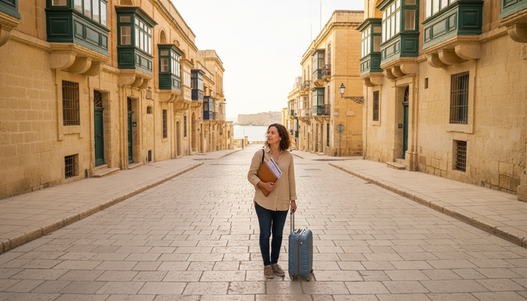 Wide-angle view of a quiet Valletta street with a traveller holding a folder of work permit documents