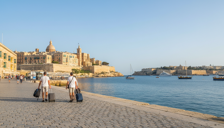 Wide-angle view of Valletta harbour with travellers walking near the waterfront.
