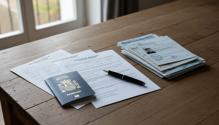 Close-up of a passport and printed Spanish visa forms on a wooden kitchen table.