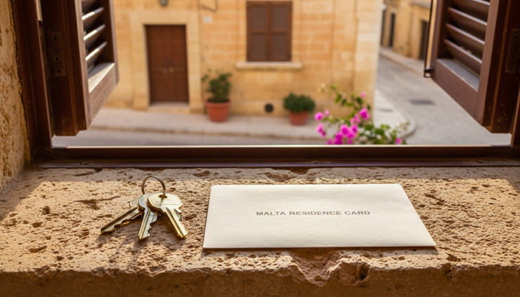 Close-up view of apartment keys and a Malta residence card envelope on a stone windowsill