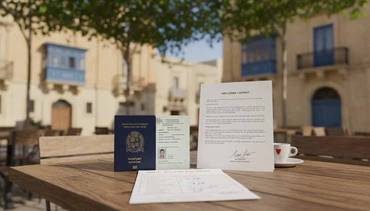 Eye-level view of a passport, signed employment contract, and printed checklist on a small café table in Malta