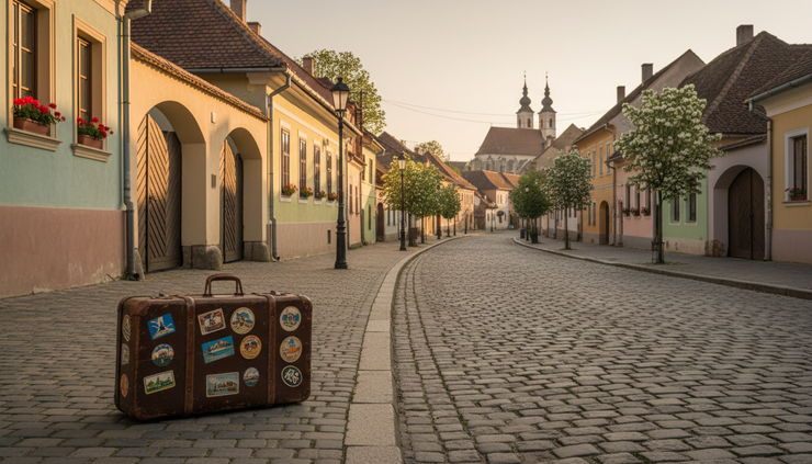 Eye-level view of a suitcase beside a residential street in a Romanian city