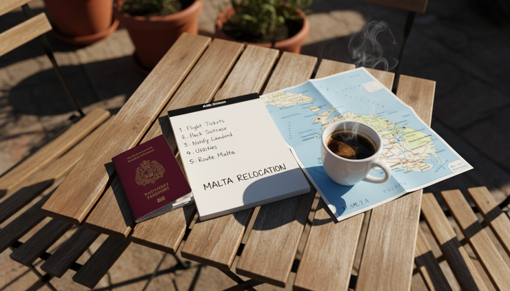 Overhead view of a notebook, passport, and Malta map beside a cup of coffee.
